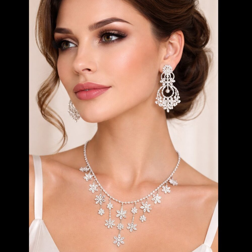 Cézanne Silver-Tone Rhinestone Floral Necklace & Chandelier Earring Set NWT - Picture 2 of 6